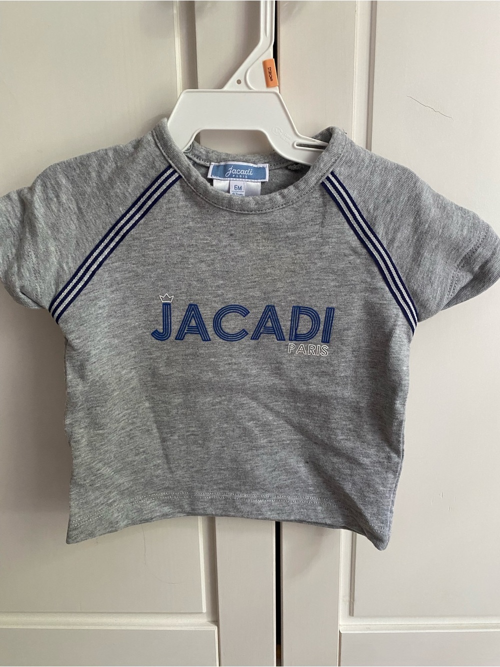 Jacadi Gray Tee with Blue Logo and Shoulder Stripes